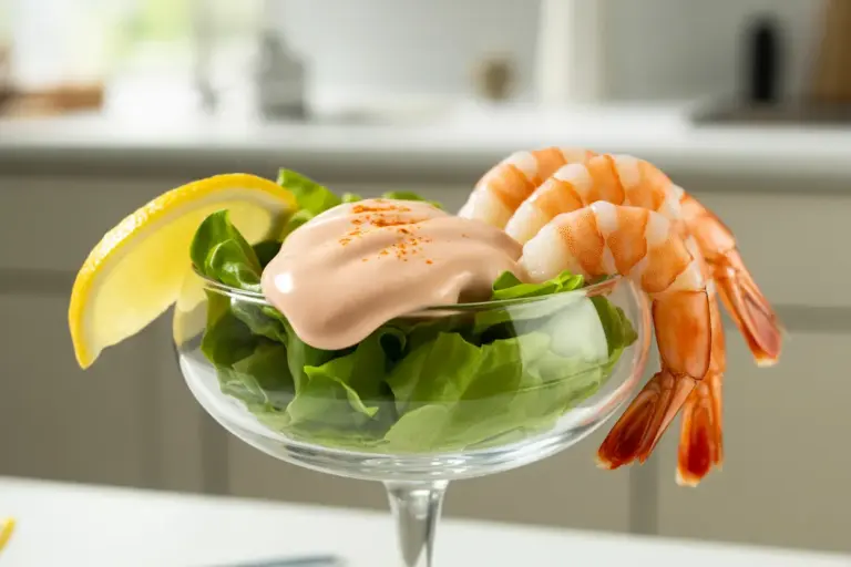 A classic prawn cocktail served in a glass with a creamy homemade pink sauce, garnished with a lemon wedge and fresh dill.