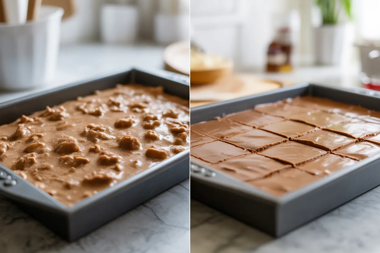 A side-by-side comparison showcasing common fantasy fudge mistakes, like a grainy texture, next to a pan of perfect, smooth, and creamy fantasy fudge.