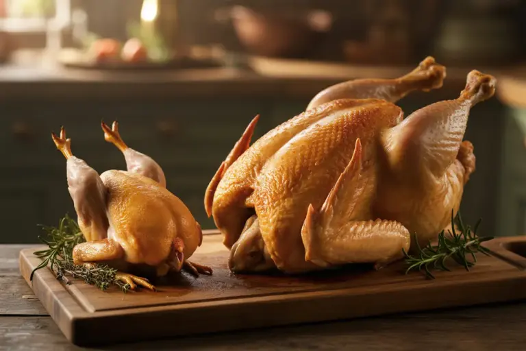 A visual comparison of a large roasted chicken next to a small, single-serving Cornish hen, highlighting their key size difference.