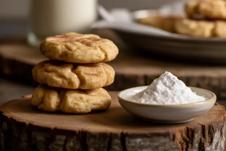 A stack of soft snickerdoodle cookies with their classic cinnamon-sugar topping sits next to a small bowl of cream of tartar, illustrating the ingredient's role in their chewy texture.