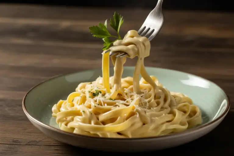 A close-up of a perfectly made creamy Alfredo sauce recipe served over fettuccine pasta, garnished with Parmesan cheese.