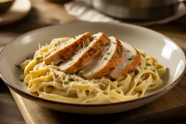 A close-up view of a delicious chicken alfredo recipe, featuring fettuccine pasta in a creamy sauce with sliced pan-fried chicken breast and a parsley garnish.