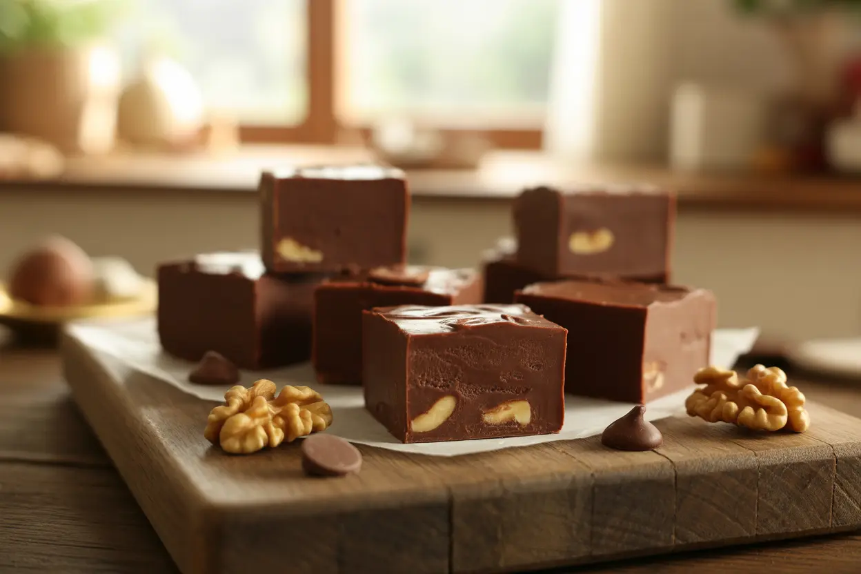 A close-up of creamy, homemade Original Fantasy Fudge squares with walnuts, beautifully arranged on a rustic wooden board to showcase the classic recipe.