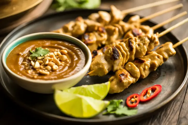 A close-up of a delicious peanut satay sauce recipe, served in a bowl as a dip for freshly grilled chicken skewers with lime and chili garnishes.