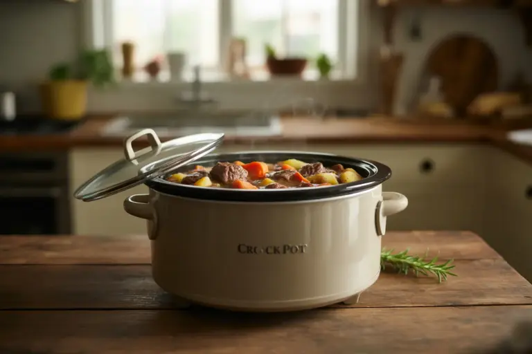 A modern Crock Pot filled with a delicious beef stew, symbolizing easy and hearty slow cooker recipes for any occasion.