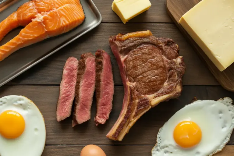 A flat lay of carnivore diet recipes including a seared steak, salmon, eggs, and cheese, representing a healthy meat-based diet.