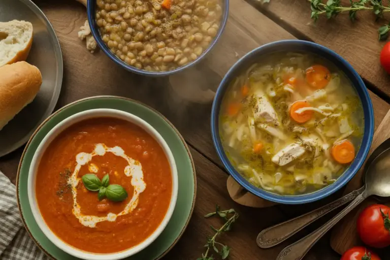 Three bowls of nutritious homemade soup recipes: creamy tomato, chicken noodle, and hearty lentil, arranged on a rustic table.
