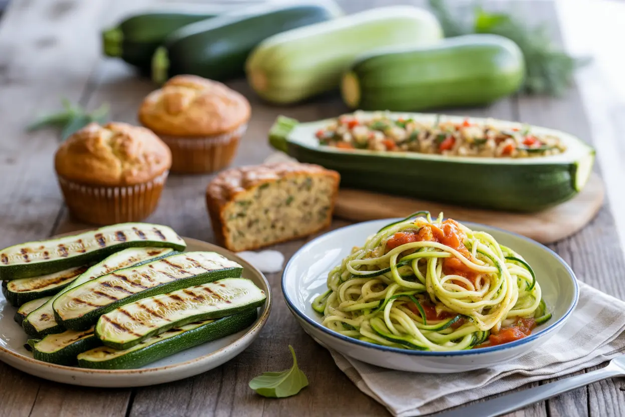 A collection of delicious and versatile zucchini recipes, including zucchini bread, stuffed zucchini, and grilled zucchini, displayed on a wooden table.