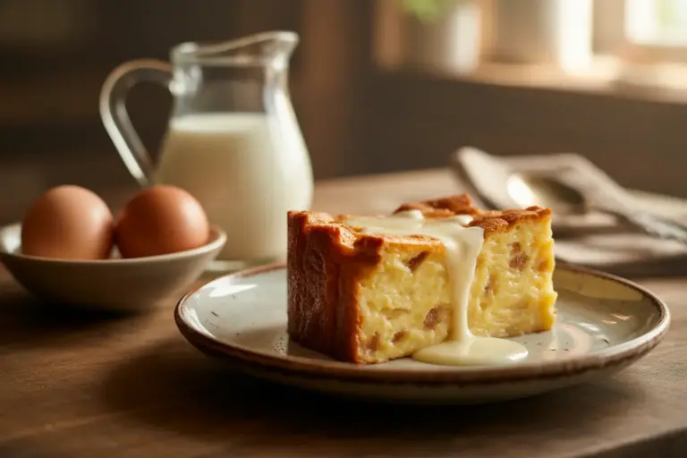 A slice of bread pudding with creamy custard, highlighting the perfect egg to milk ratio for the recipe.