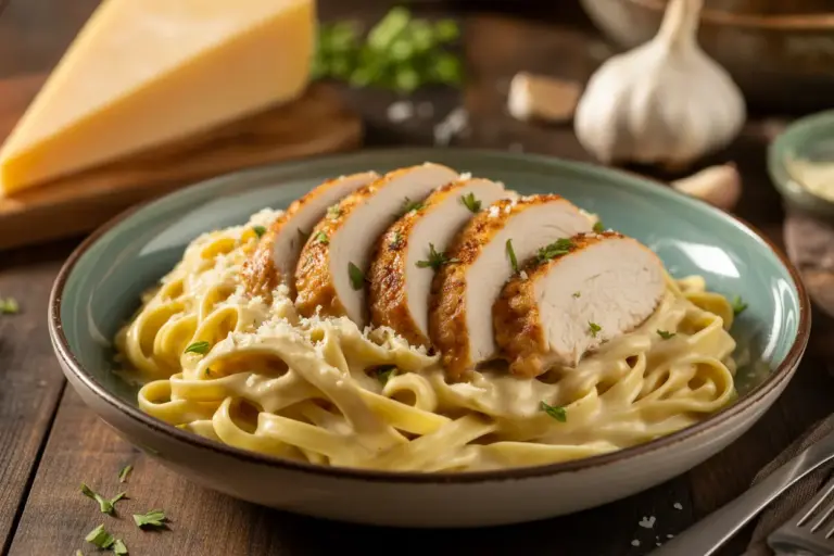 A close-up shot of a creamy bowl of chicken Alfredo, highlighting the essential ingredients like tender chicken breast, parmesan cheese, and heavy cream sauce.