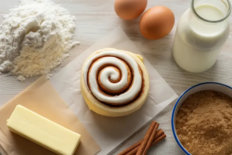 An overhead view of essential cinnamon roll ingredients like flour, eggs, butter, and cinnamon arranged around a finished, frosted cinnamon roll.