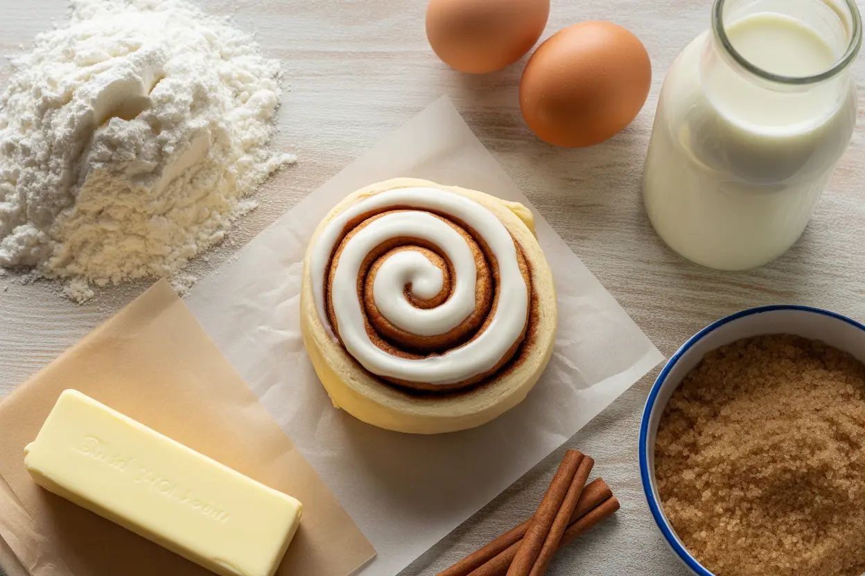 An overhead view of essential cinnamon roll ingredients like flour, eggs, butter, and cinnamon arranged around a finished, frosted cinnamon roll.