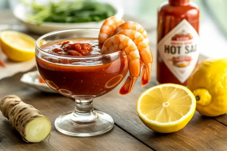 A bowl of homemade cocktail sauce surrounded by its essential ingredients: shrimp, fresh horseradish root, and a bright yellow lemon on a rustic surface.