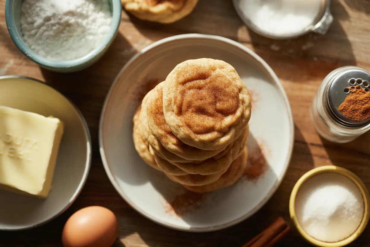 A flat lay of essential snickerdoodle ingredients like flour, butter, and cinnamon surrounding a plate of fresh snickerdoodle cookies.