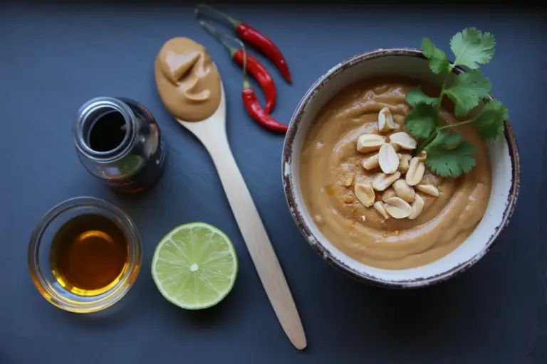 A flat lay image showing a bowl of creamy peanut sauce surrounded by its essential ingredients: peanut butter, soy sauce, lime, honey, and chili.