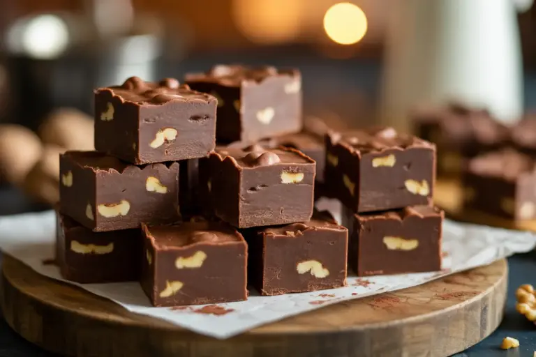 Close-up of creamy fantasy fudge squares with walnuts, made from a homemade recipe.