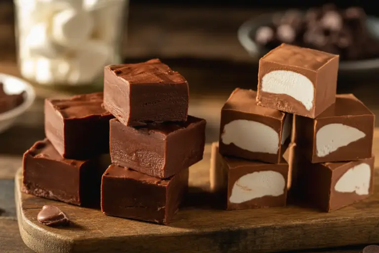 A side-by-side comparison of dense, dark regular fudge and soft, fluffy Fantasy Fudge, highlighting the key differences in texture.