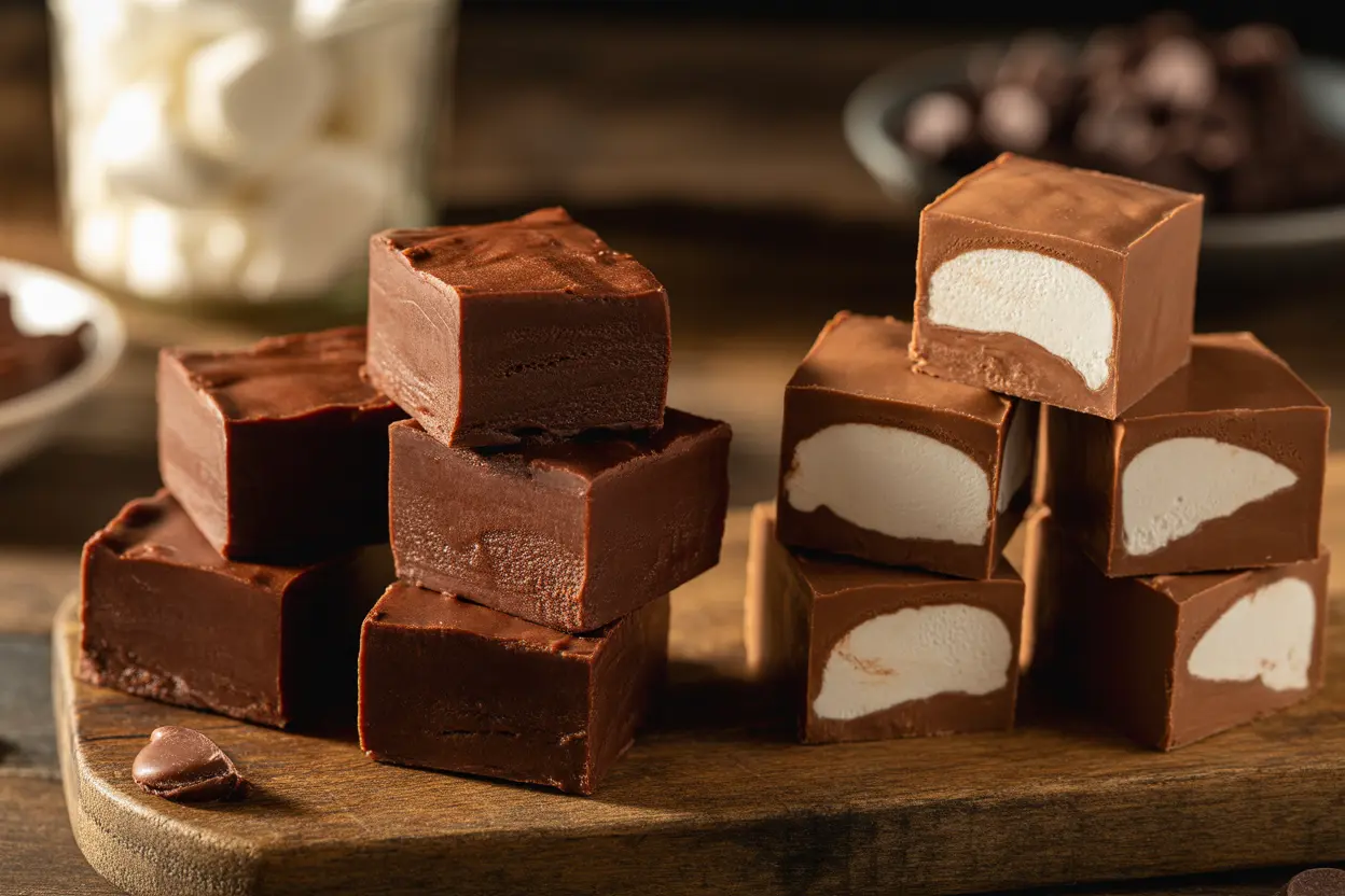 A side-by-side comparison of dense, dark regular fudge and soft, fluffy Fantasy Fudge, highlighting the key differences in texture.