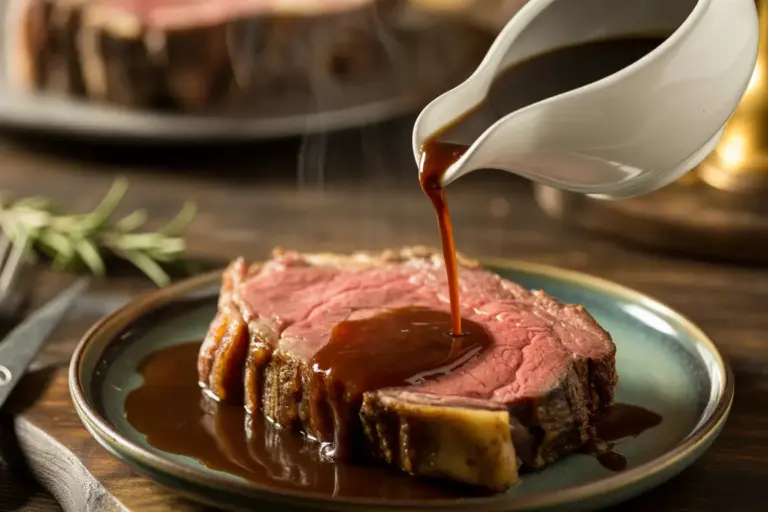 A close-up of a hand pouring homemade au jus sauce from a white boat over a juicy slice of prime rib, a key step in how to make au jus sauce.