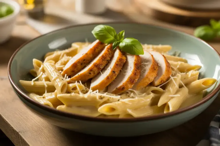 A bowl of creamy chicken pasta, expertly made to be flavorful with seared chicken and fresh basil garnish.