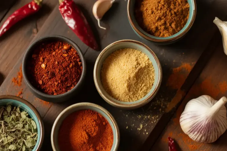 An overhead view of various spices like chili powder and cumin in small bowls, representing a homemade substitute for a chili seasoning packet.