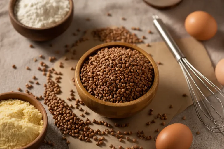 A flat lay of baking ingredients showing a bowl of dark buckwheat flour next to bowls of lighter flour blends, ready for mixing for baking.