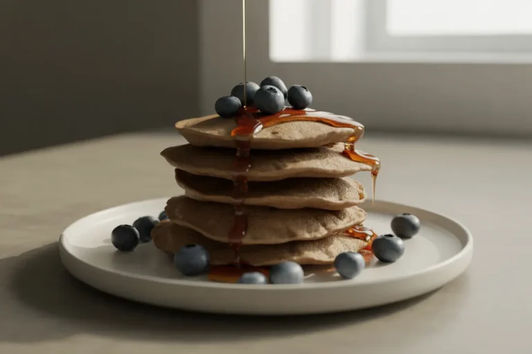 A tall stack of fluffy gluten-free buckwheat pancakes, topped with fresh blueberries and a generous drizzle of maple syrup, ready for a healthy breakfast.