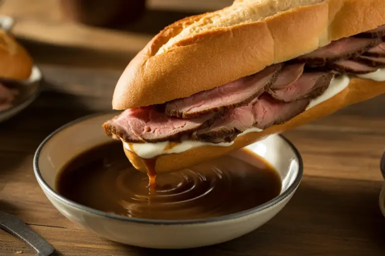 A close-up of a classic French Dip sandwich filled with roast beef being dipped into a small bowl of savory au jus substitute.