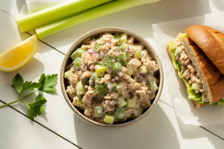A fresh and delicious tuna salad recipe in a bowl, served with a sandwich and surrounded by fresh ingredients like celery and lemon.