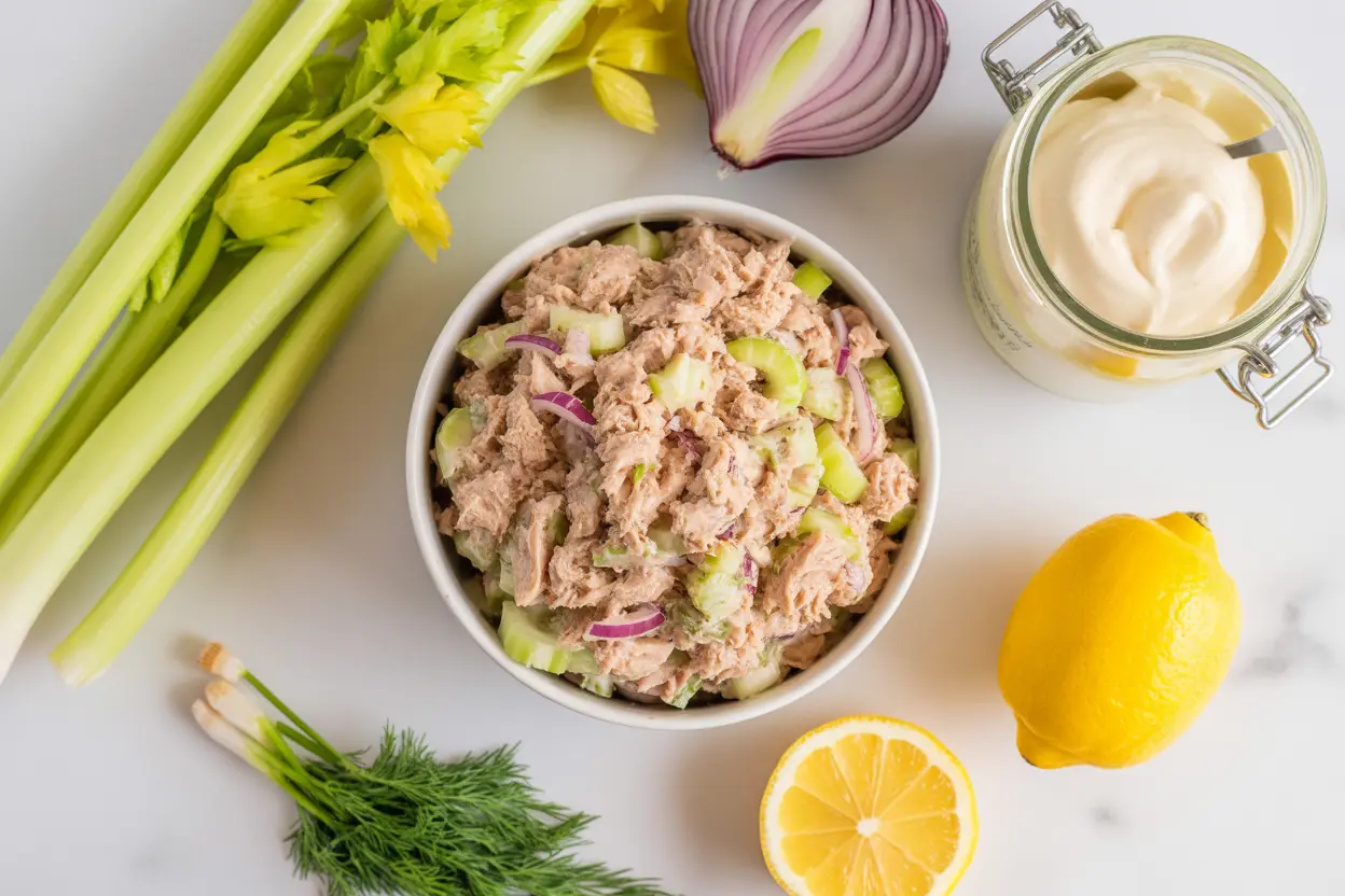 An overhead view showing how to make tuna salad, featuring a bowl of the finished dish surrounded by fresh ingredients like celery, red onion, lemon, and mayonnaise.