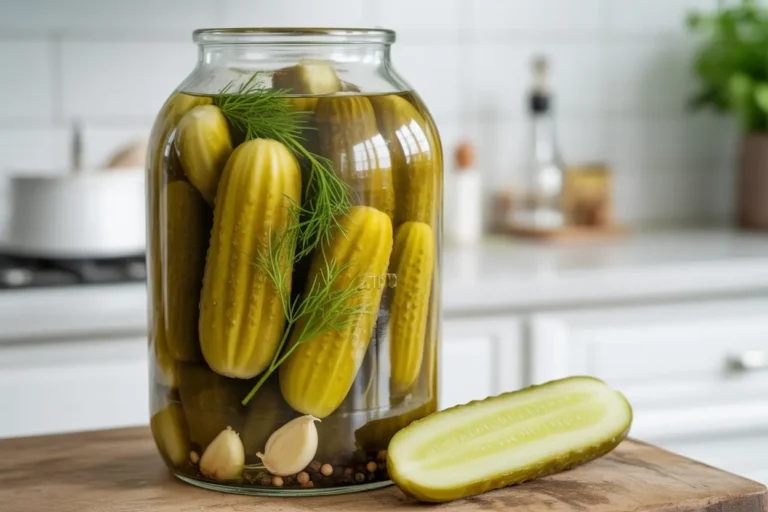 A glass jar filled with homemade crunchy dill pickles, fresh dill, and garlic, illustrating a guide on how to make crisp pickles.