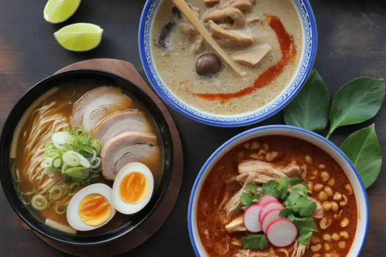 A vibrant flat lay of three of the most delicious soups in the world, showcasing diverse global cuisines like ramen, tom kha kai, and pozole.