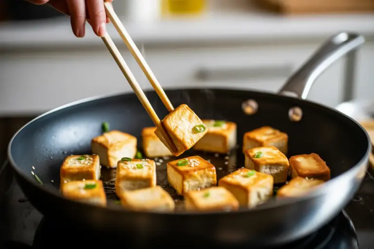 A close-up of crispy pan-fried tofu being cooked in a skillet, showcasing a popular method for how to cook tofu perfectly.