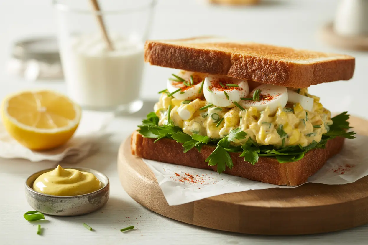 A gourmet egg salad sandwich inspired by Gordon Ramsay's recipe, with fresh chives and paprika on toasted sourdough bread.