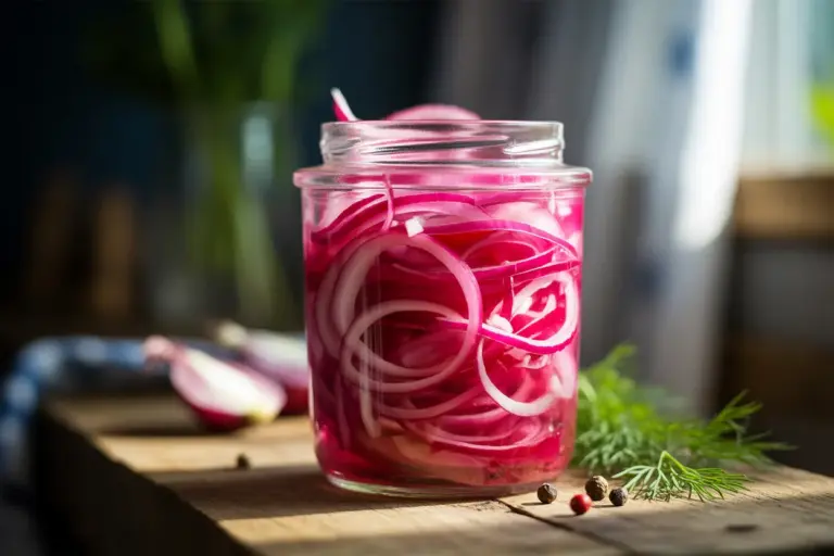 A clear glass jar filled with vibrant, thinly sliced Gordon Ramsay pickled onions, showcasing their bright pink color in a rustic kitchen setting.