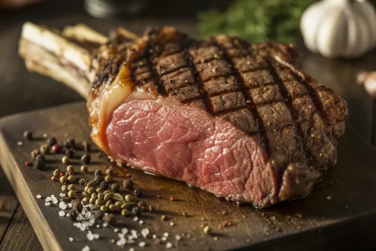 A close-up of a juicy, grilled Montreal seasoned steak, sliced to show its medium-rare center, resting on a wooden board with spices.