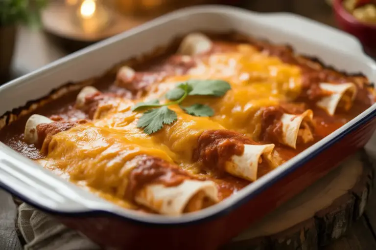 A baking dish showing how to make good enchiladas, covered in red enchilada sauce and melted cheese.