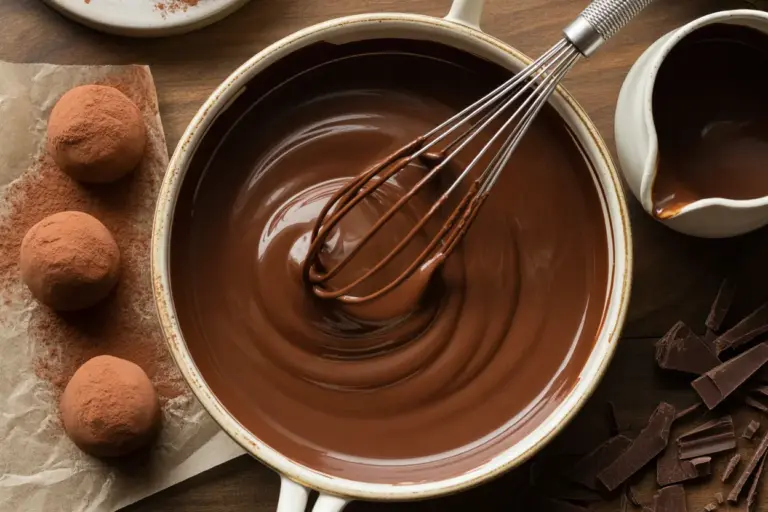 A bowl of rich, silky chocolate ganache being whisked, surrounded by chocolate truffles and liquid glaze, illustrating different ganache ratios and uses.