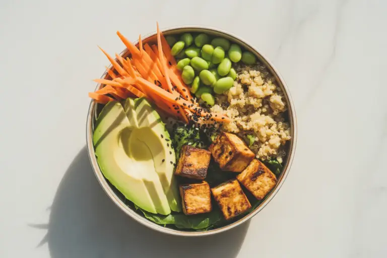 A close-up of a healthy tofu Buddha bowl, showcasing the plant-based protein's nutritional benefits with fresh vegetables and quinoa.