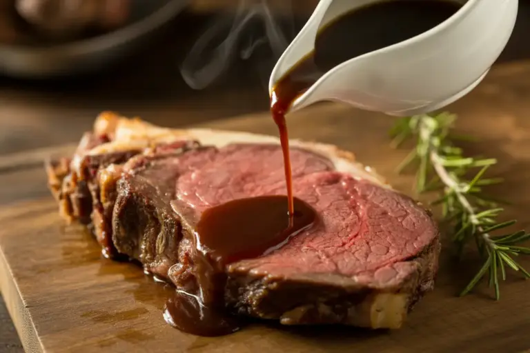 A slice of juicy prime rib with a rich, homemade au jus recipe sauce being poured over it, garnished with rosemary.