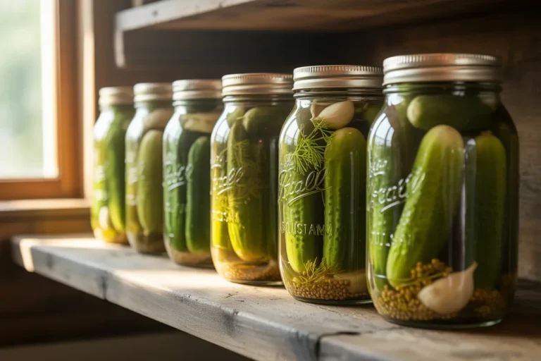 Row of homemade canned dill pickles in glass jars, the result of a traditional pickle recipe ready for storage.