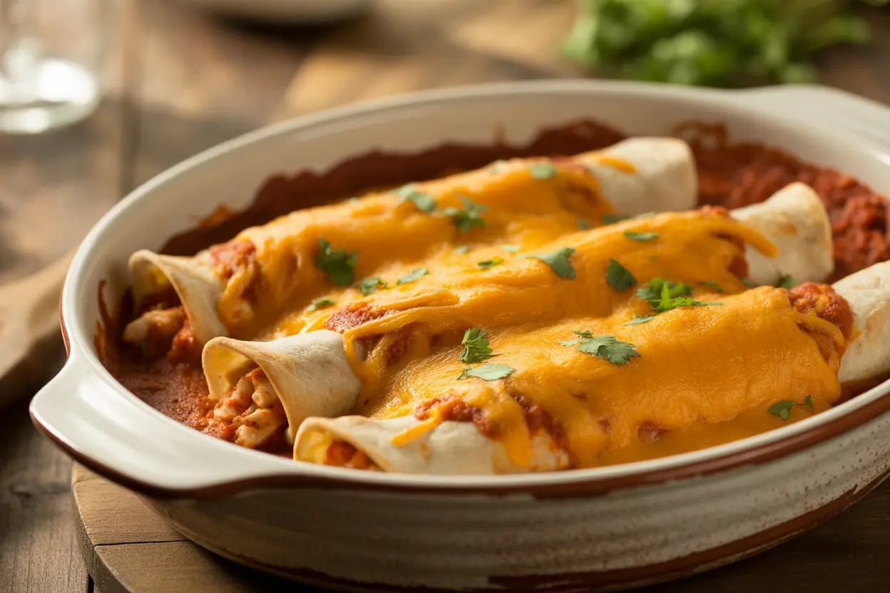 A baking dish of a homemade chicken enchilada recipe fresh from the oven, topped with melted cheese and cilantro.
