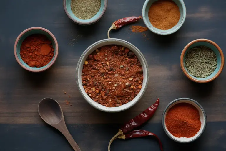 A vibrant flat-lay of essential spices like chili powder and cumin arranged in small bowls for a homemade chili seasoning recipe.