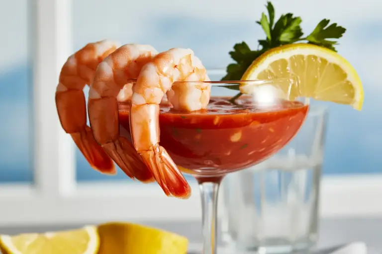 A classic shrimp cocktail in a glass with a vibrant homemade cocktail sauce recipe, garnished with lemon and parsley.