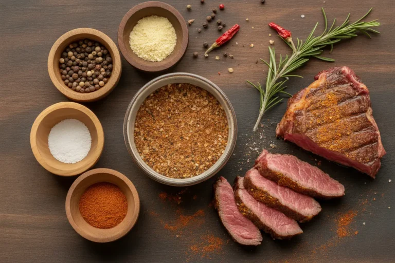 Overhead view of the ingredients for a homemade Copycat McCormick Montreal Steak Seasoning recipe, including peppercorns and paprika, with the final spice blend in a bowl next to a grilled steak.