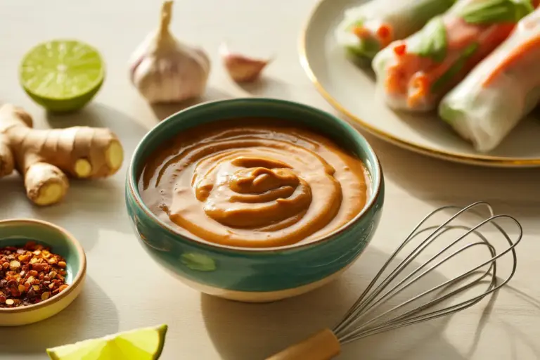A bowl of homemade creamy peanut sauce, surrounded by fresh ingredients like lime and garlic, with spring rolls ready for dipping.