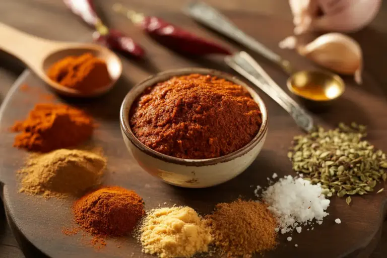 A rustic wooden table displaying a small bowl of homemade McCormick chili seasoning copycat mix, surrounded by its core ingredients like chili powder, cumin, and paprika.