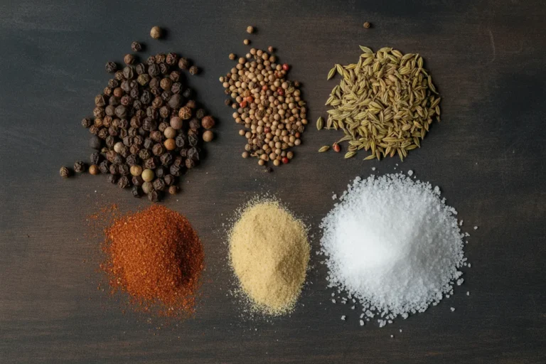 A rustic flat lay of the core ingredients for homemade Montreal steak seasoning, including peppercorns, coriander, and garlic powder.