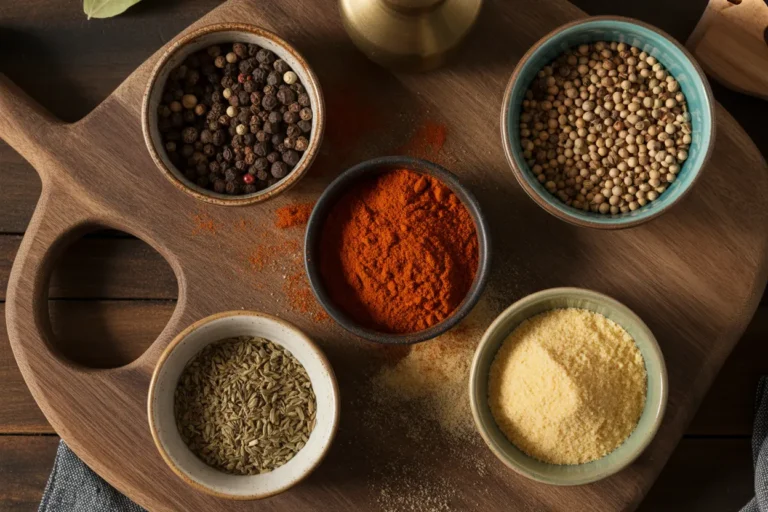 A rustic wooden board displaying the essential spices for a homemade Montreal steak seasoning recipe, including peppercorns, coriander seeds, and paprika.