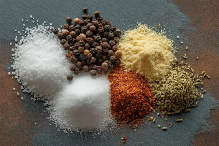 A rustic display of the key ingredients for a homemade Montreal Steak Seasoning substitute: coarse salt, black pepper, garlic powder, and red pepper flakes.